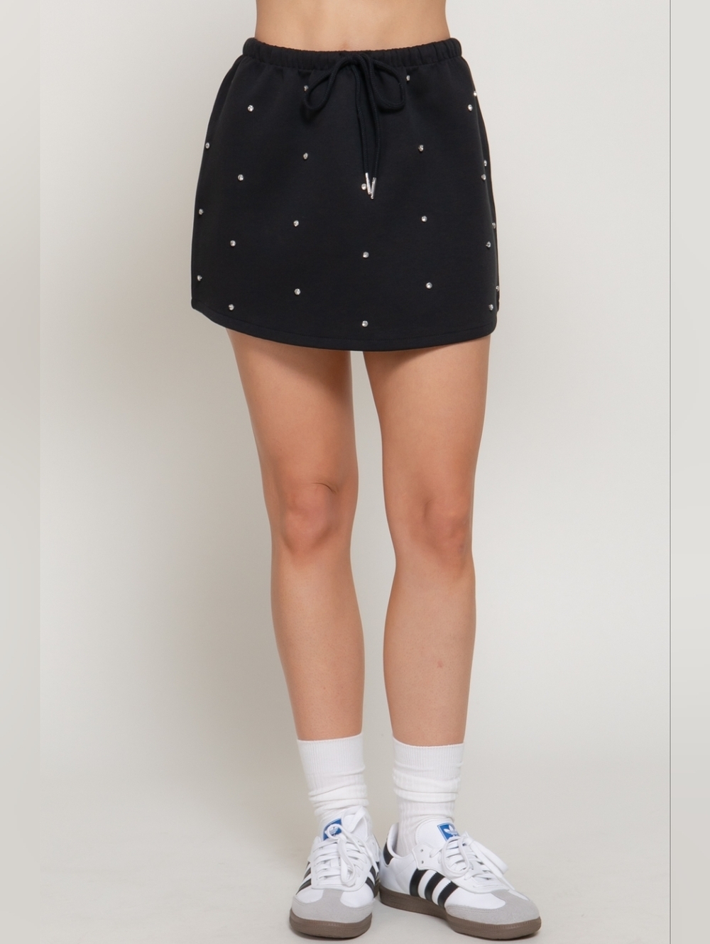 Black Casual Preppy High Waist Rhinestone Embellished Cotton Blend Skater Skirt
